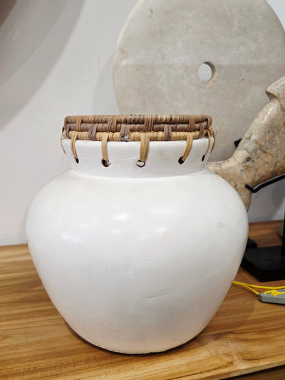 White pottery and rattan Vase - Small