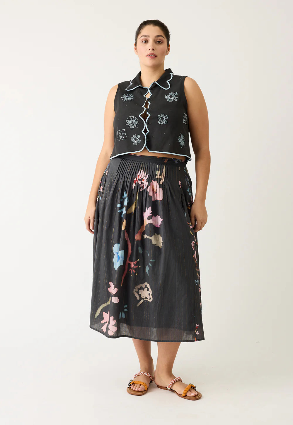 Nancybird - Alma Yoke Skirt - Watercolour Charcoal - S26-A47CH