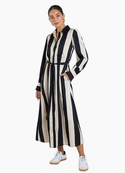 Among The Brave - Cyprus Satin Shirt Midi Dress - Black/Sand - 145861