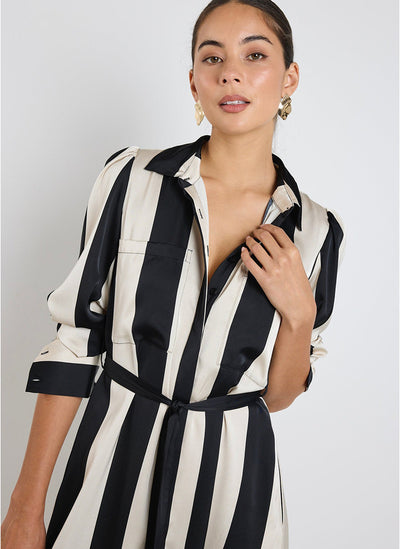 Among The Brave - Cyprus Satin Shirt Midi Dress - Black/Sand - 145861
