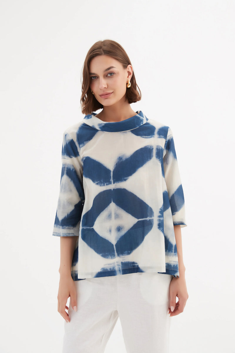 Tirelli - Blouse - Funnel Neck - Blue Diamond Print