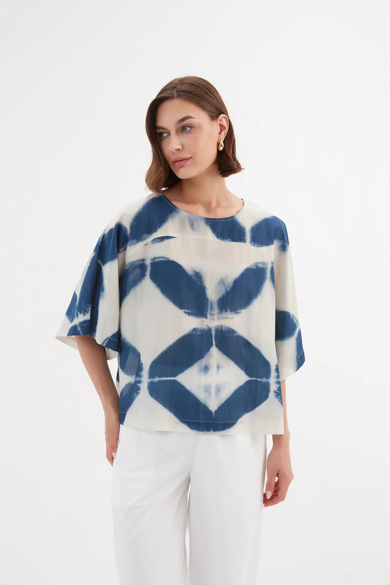 Tirelli - Blouse - Wide Sleeve - Blue Diamond Print