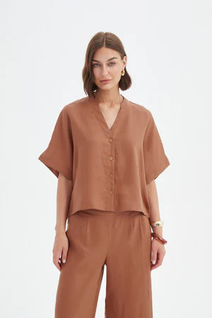 Tirelli - Boxy Button Linen Shirt - 25A3710 cedar