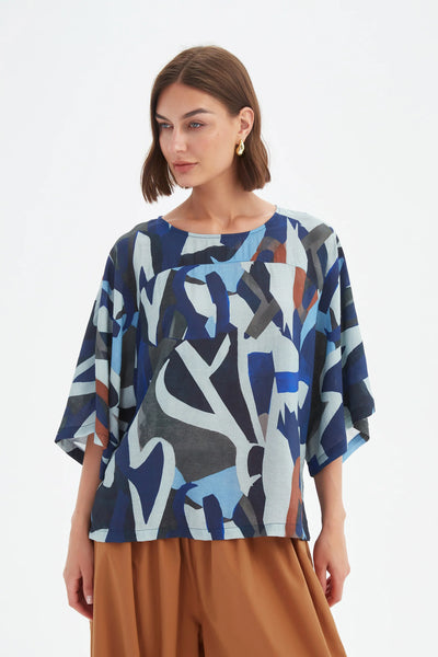 Tirelli - wide sleeve Print top - 25A3751 Blue Abstract Print