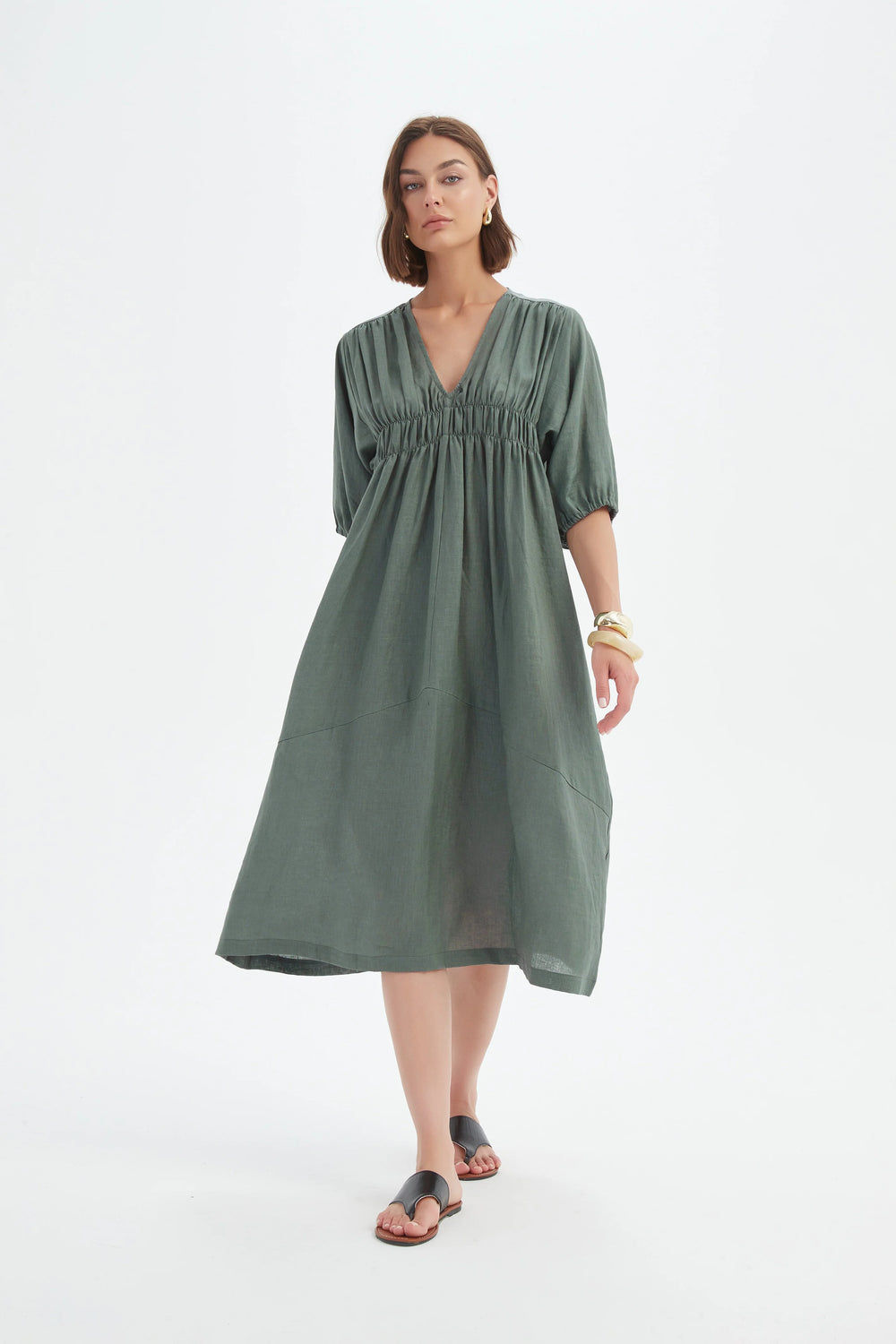 Tirelli - Puff Sleeve Gather Front Dress - 25D3722 Petrol