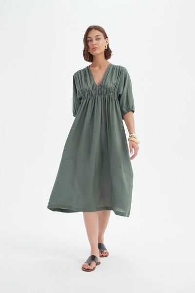 Tirelli - Puff Sleeve Gather Front Dress - 25D3722 Petrol