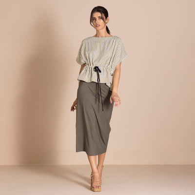 Megan Salmon - Candy Stripe Tableau Top - Khaki - M6645