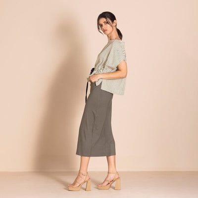 Megan Salmon - Candy Stripe Tableau Top - Khaki - M6645