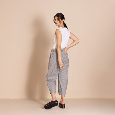 Megan Salmon - Check Barrel Pant - Navy/Cream - M9612