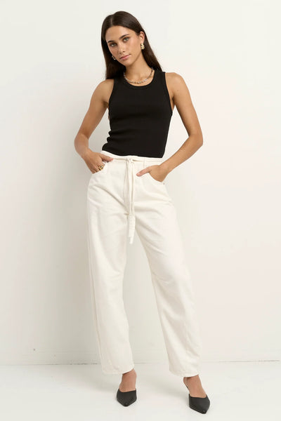 Stories to Be Told - Campus Tie Waist Barrel Jeans - Ecru - 150126