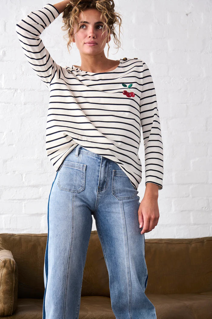 Kireina - Erin Top Cherry - White with Navy Stripe - KSP250018