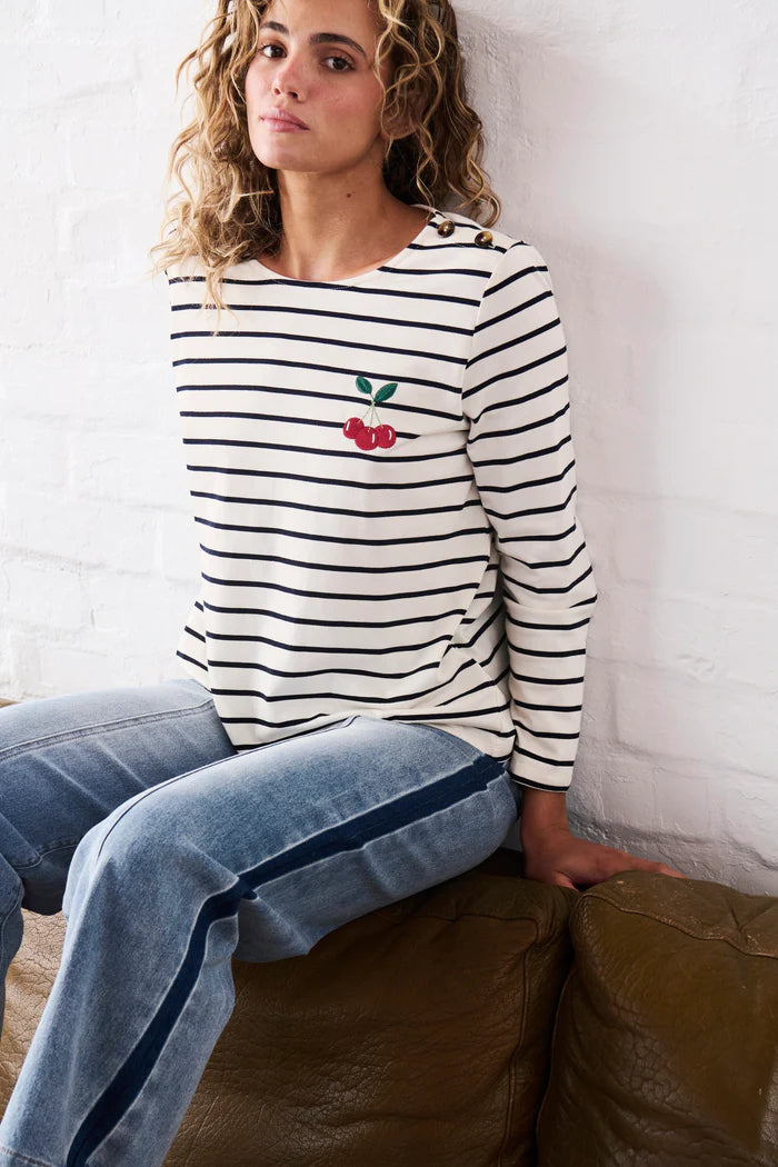 Kireina - Erin Top Cherry - White with Navy Stripe - KSP250018