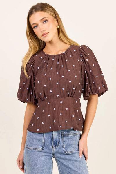 Stories To Be Told - Finali Bubble Sleeve Top - Mocha/Blue Polka Dot