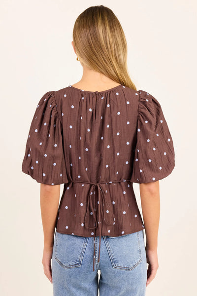 Stories To Be Told - Finali Bubble Sleeve Top - Mocha/Blue Polka Dot