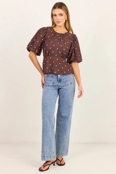 Stories To Be Told - Finali Bubble Sleeve Top - Mocha/Blue Polka Dot
