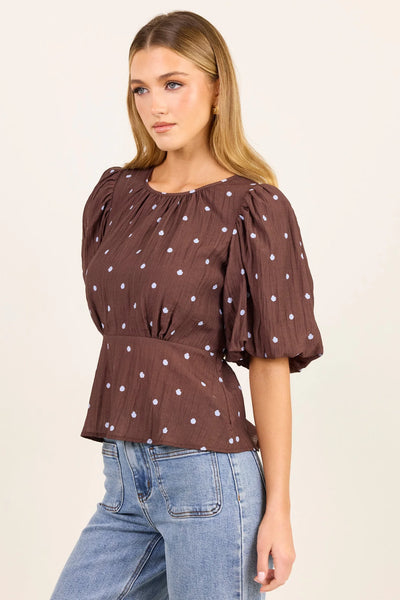 Stories To Be Told - Finali Bubble Sleeve Top - Mocha/Blue Polka Dot