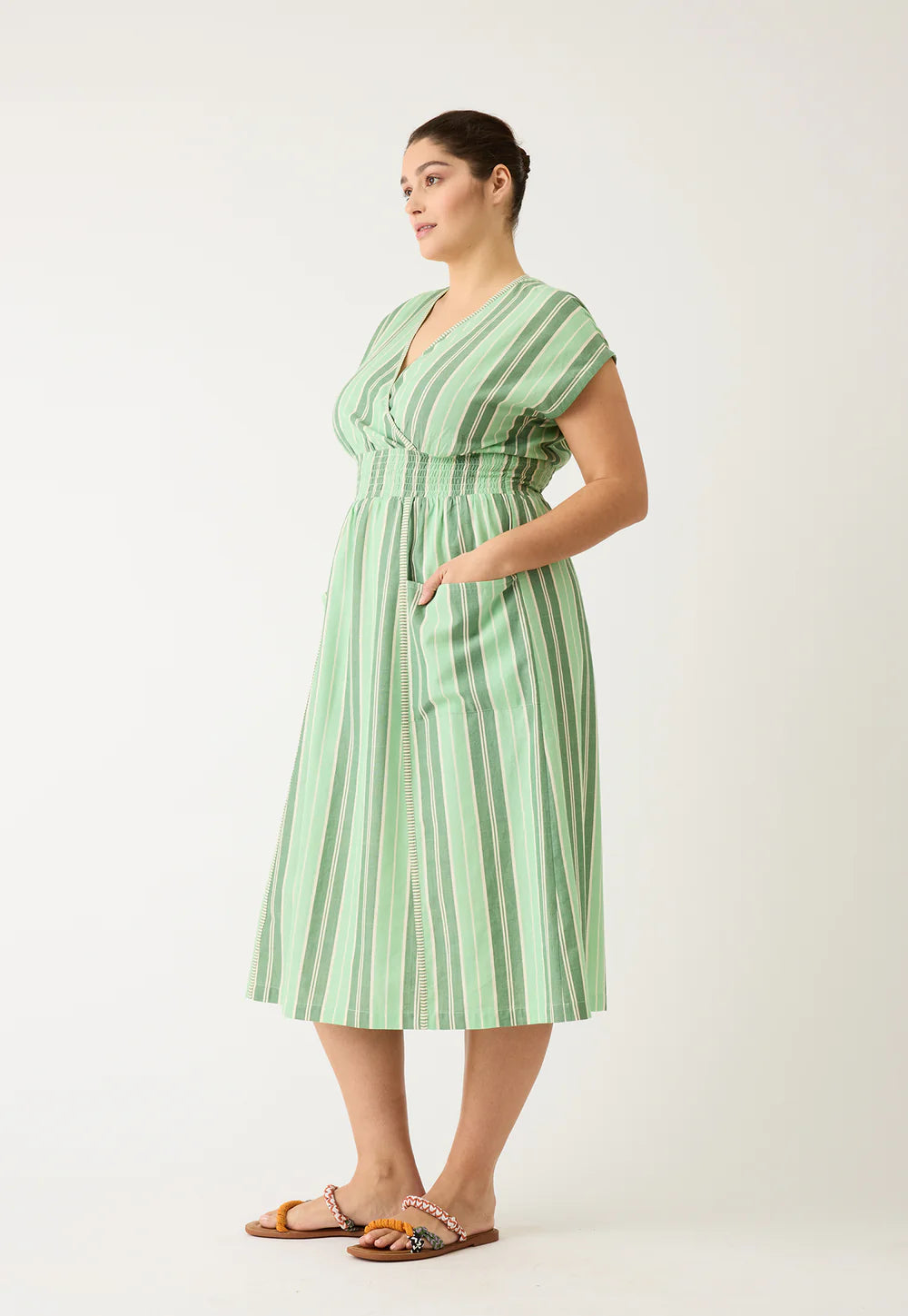 Nancybird - Hana Wrap Dress - Green Stripe - S26-A53GS