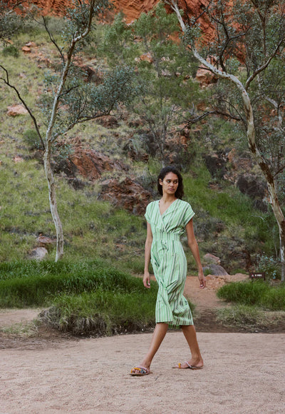 Nancybird - Hana Wrap Dress - Green Stripe - S26-A53GS