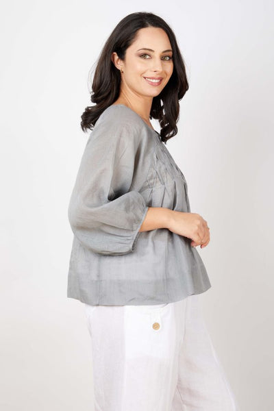 JJ Sisters - Smocked Silk Linen Top - Grey