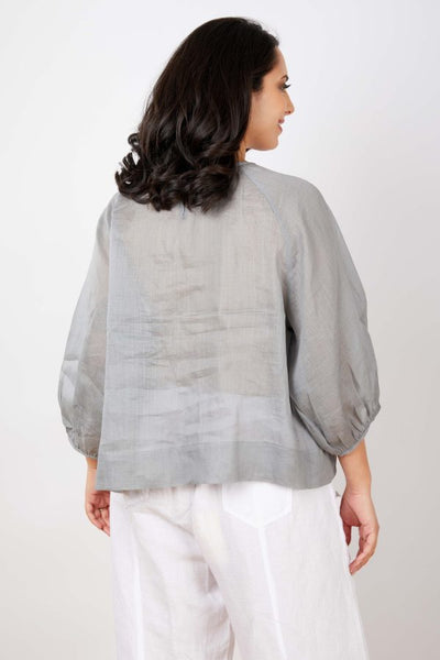 JJ Sisters - Smocked Silk Linen Top - Grey