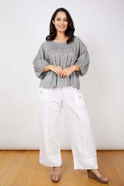 JJ Sisters - Smocked Silk Linen Top - Grey