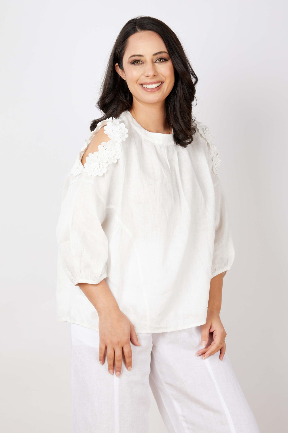 JJ Sisters - Linen top opened shoulders - LL74 White