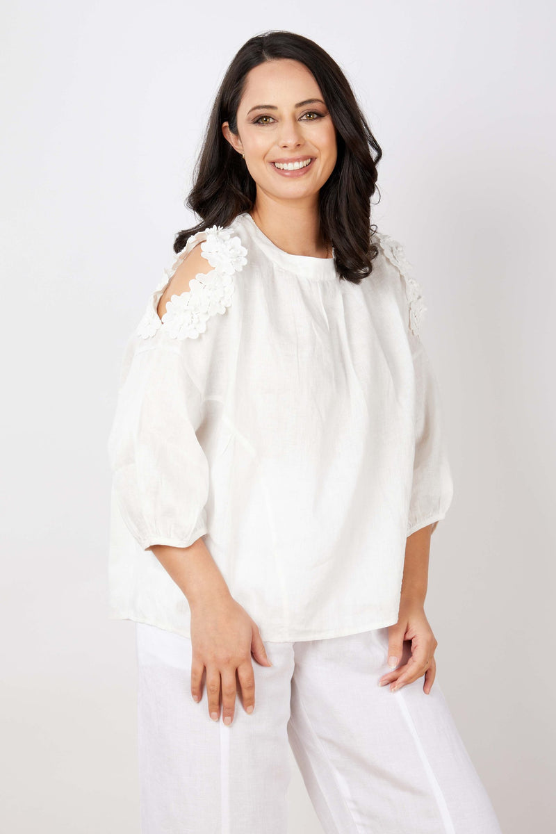 JJ Sisters - Linen top opened shoulders - LL74 White