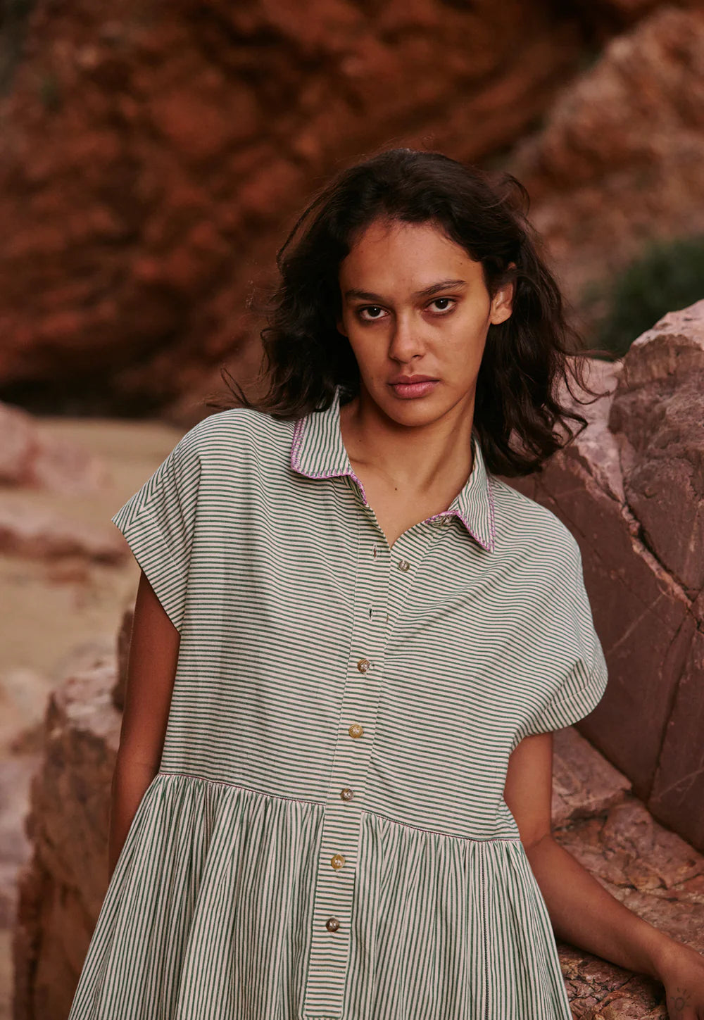 Nancybird- Maja Dress - Green Stripe - S26-A59GS