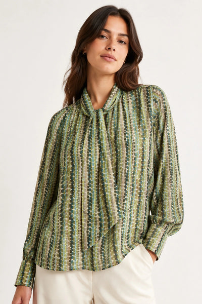 JJ Sisters - Margot Tie Neck Blouse - Olive Mosaic