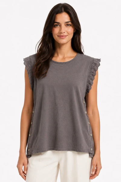 JJ Sisters - Broderie Flutter Sleeve Top - Charcoal
