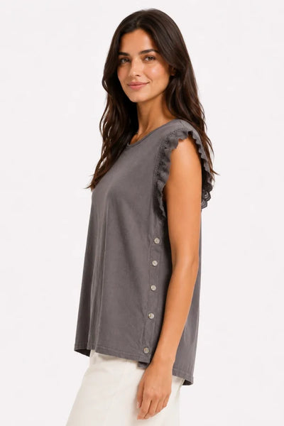 JJ Sisters - Broderie Flutter Sleeve Top - Charcoal