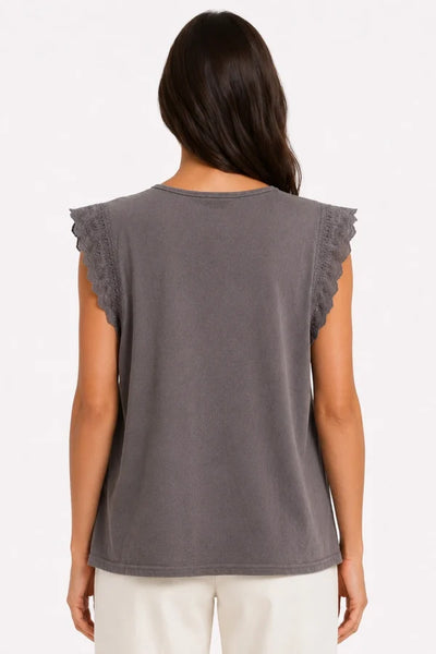 JJ Sisters - Broderie Flutter Sleeve Top - Charcoal