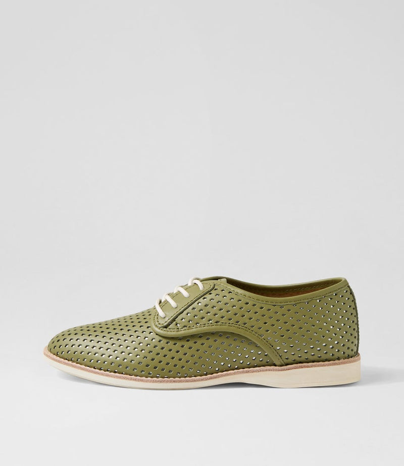 Rollie - Shoes - Derby Punch Overlay - Olive / Silver / Leather