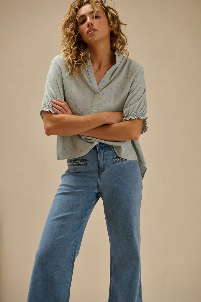 Kireina - Sara Shirt - Blue with Blue Dots - KSM250036