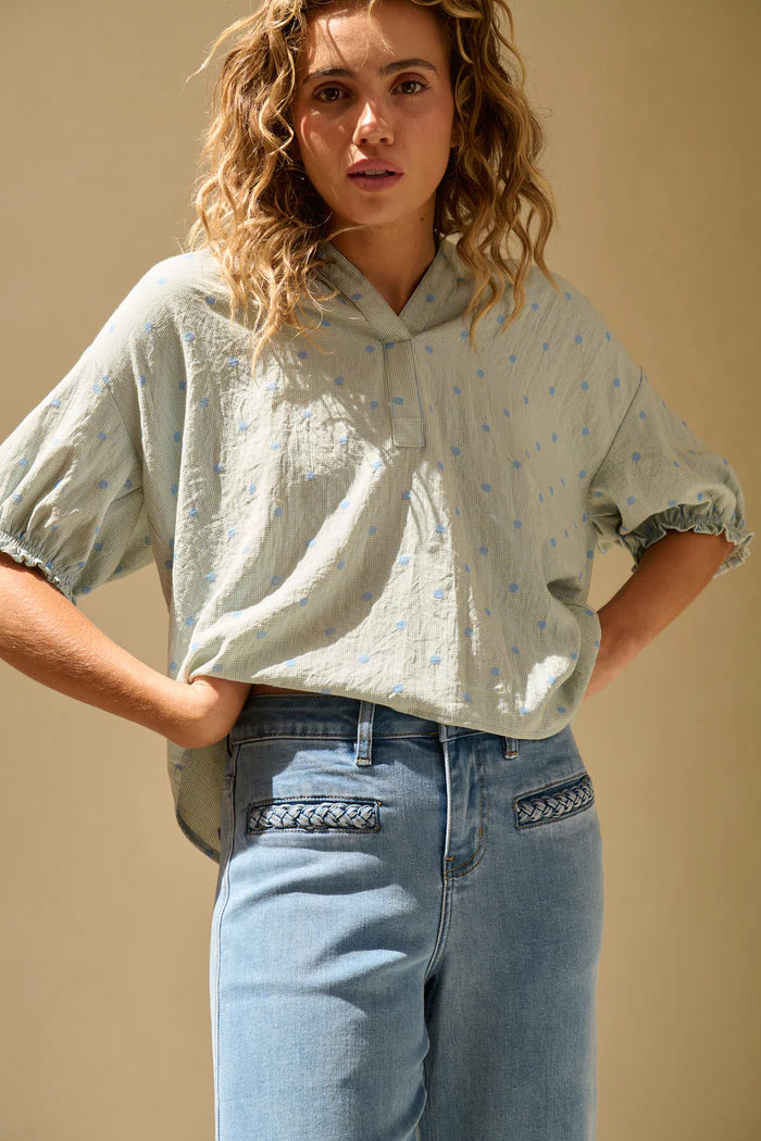 Kireina - Sara Shirt - Blue with Blue Dots - KSM250036