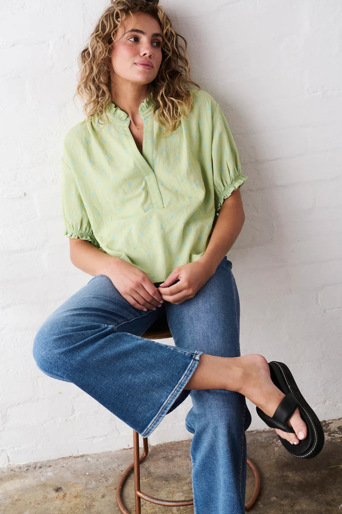 Kireina - Sara Shirt - Green with Blue Dots - KSM250023