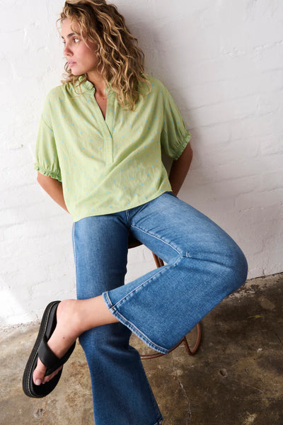 Kireina - Sara Shirt - Green with Blue Dots - KSM250023