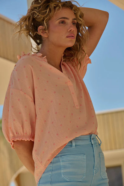 Kireina - Sara Shirt - Peach with Pink Dots - KSM250024