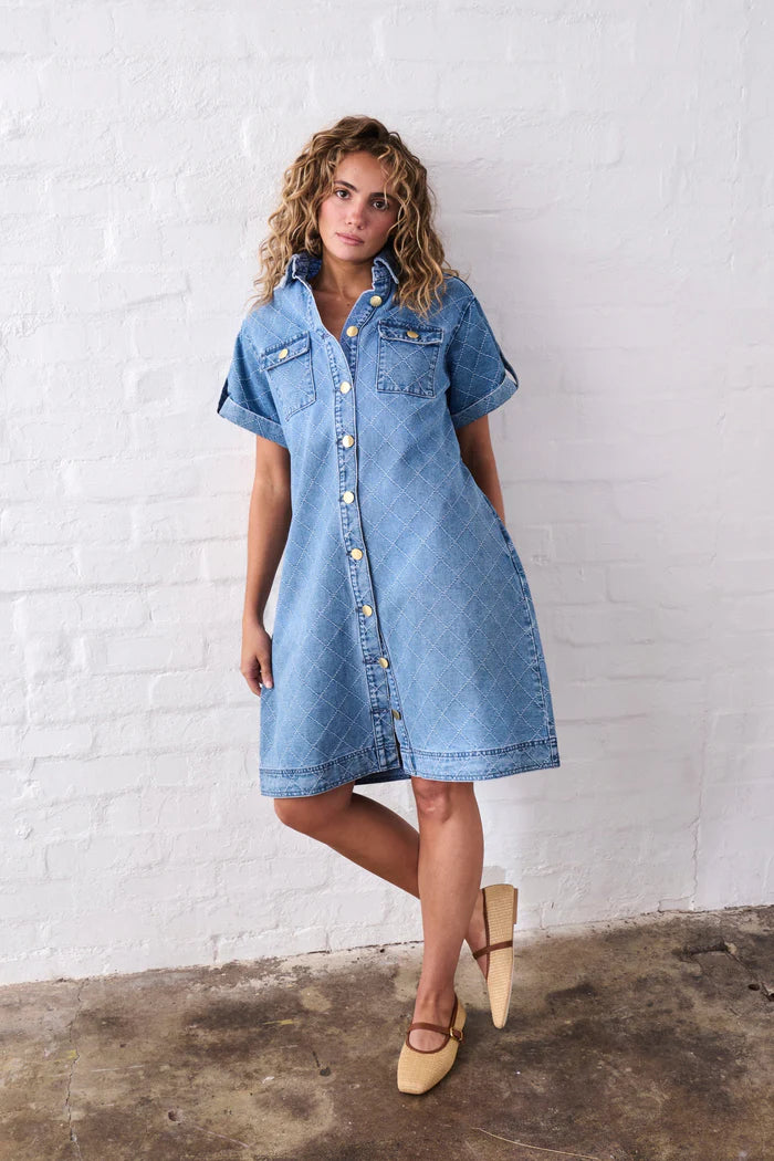 Kireina - Simone Dress - 70s Blue with Check Stitch - KSP250021