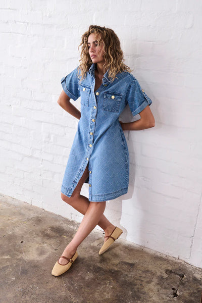 Kireina - Simone Dress - 70s Blue with Check Stitch - KSP250021