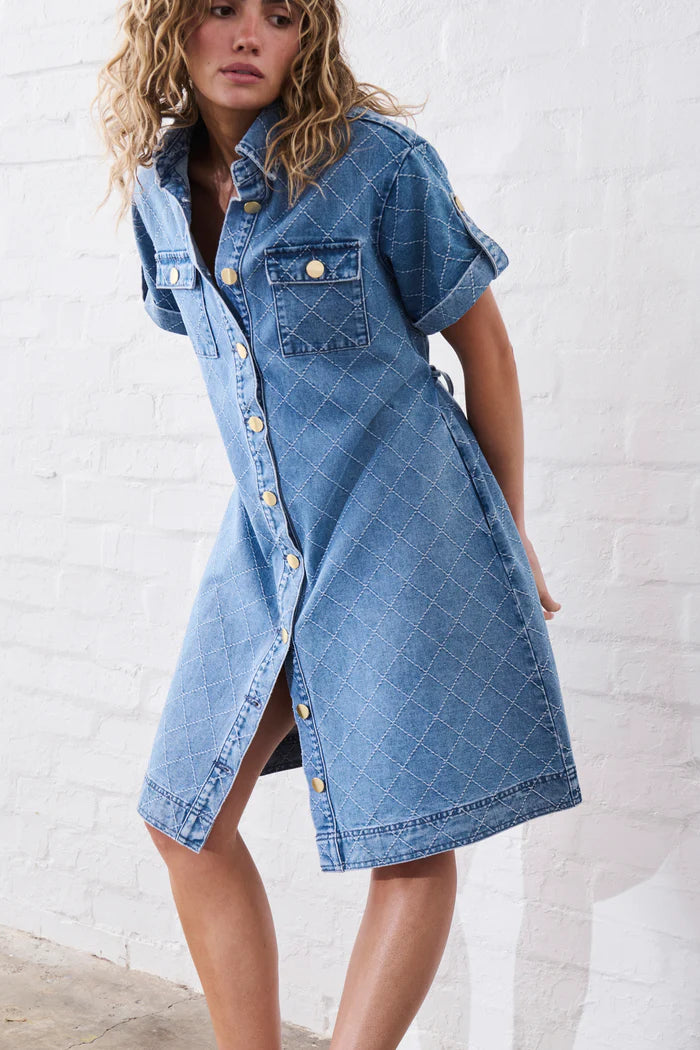 Kireina - Simone Dress - 70s Blue with Check Stitch - KSP250021