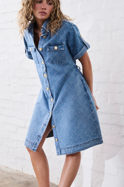 Kireina - Simone Dress - 70s Blue with Check Stitch - KSP250021