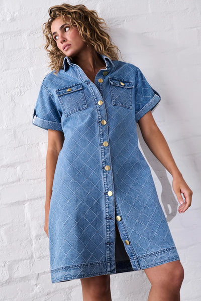 Kireina - Simone Dress - 70s Blue with Check Stitch - KSP250021