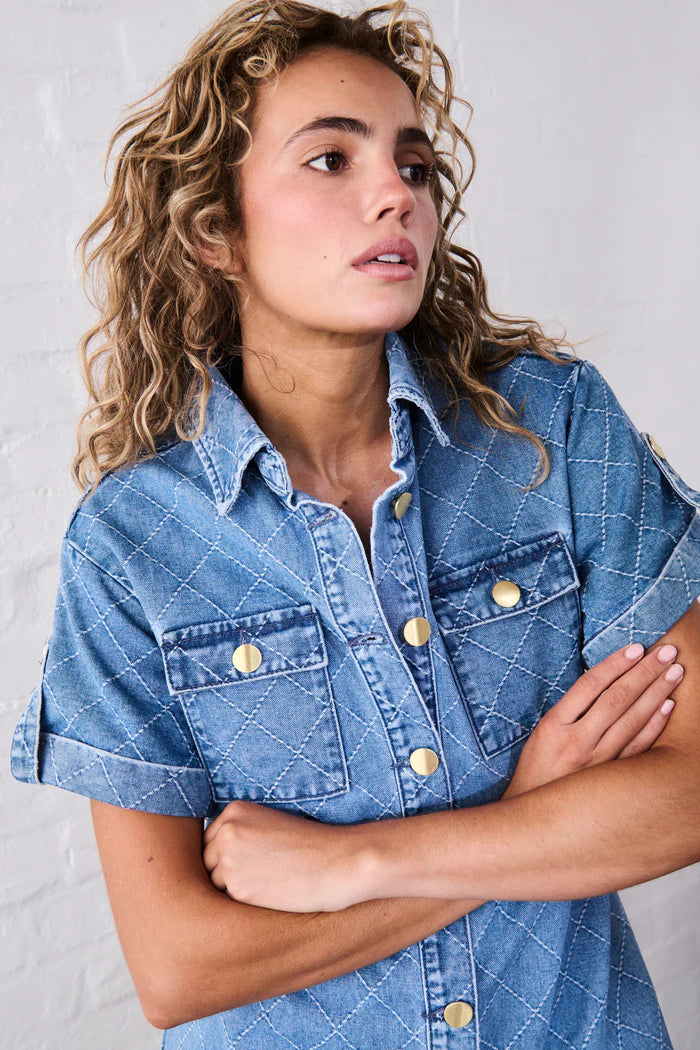 Kireina - Simone Dress - 70s Blue with Check Stitch - KSP250021