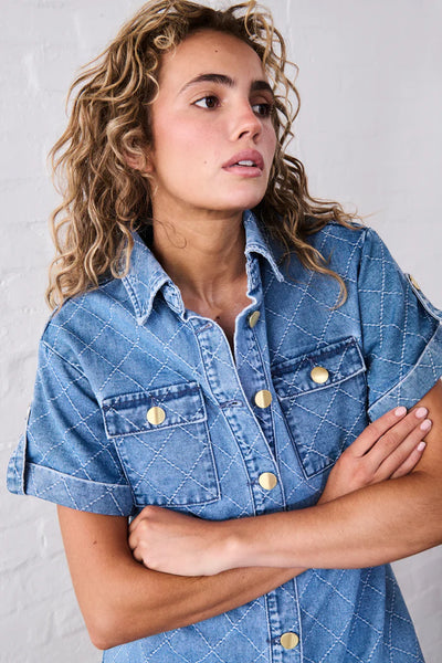 Kireina - Simone Dress - 70s Blue with Check Stitch - KSP250021