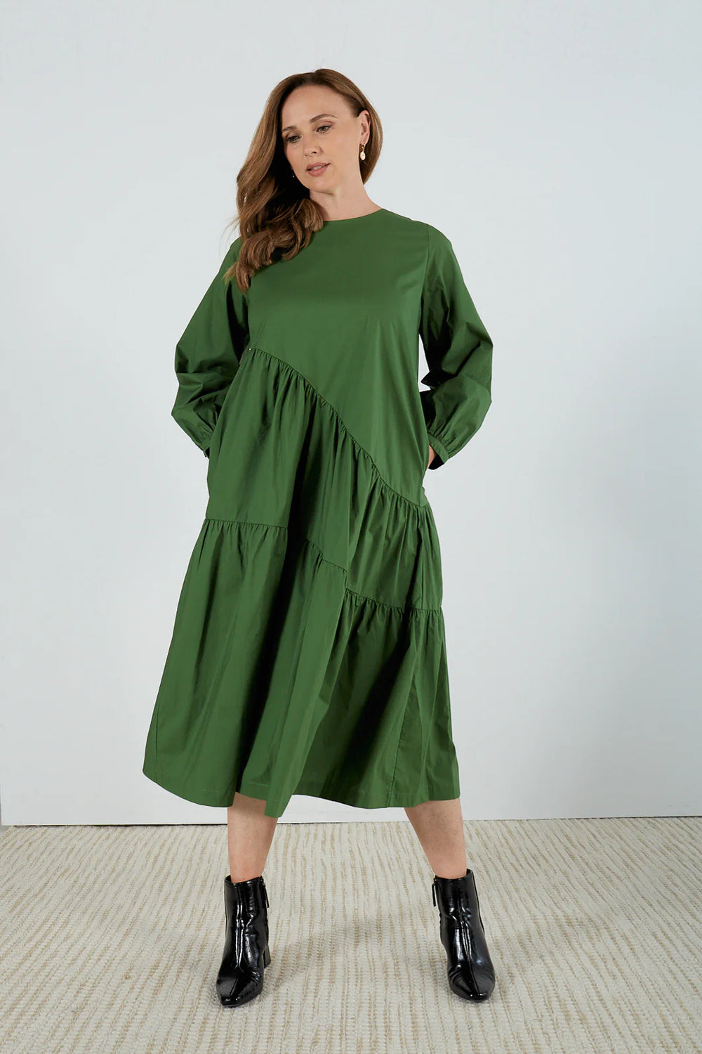 TIRELLI - Long Sleeve Gather Dress - Deep Jade