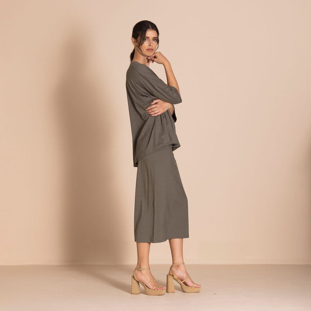 Megan Salmon - Viscose Lycra Pencil Skirt - Khaki