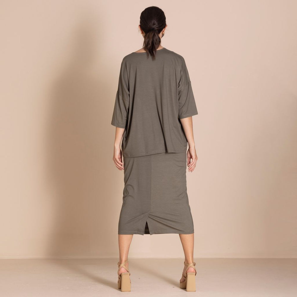 Megan Salmon - Viscose Lycra Pencil Skirt - Khaki
