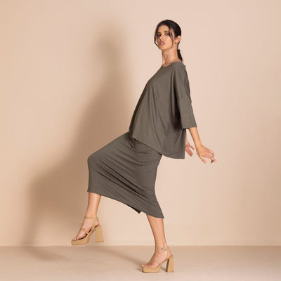 Megan Salmon - Viscose Lycra Pencil Skirt - Khaki