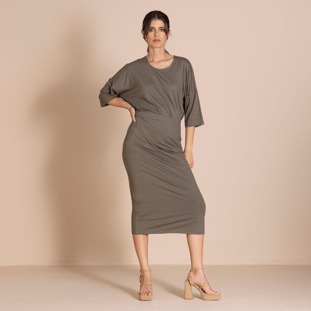 Megan Salmon - Viscose Lycra Pencil Skirt - Khaki